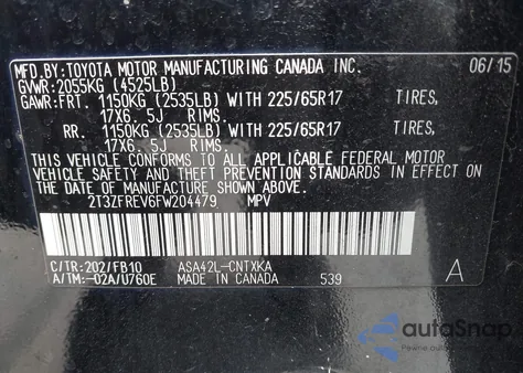 2015 Toyota Rav4 Le z USA, uszkodzony, nr VIN 2T3ZFREV6FW204479